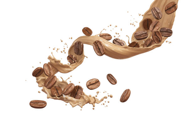 istock splashing coffee with coffee beans, isolated on white background, 3d rendering. 1406504995