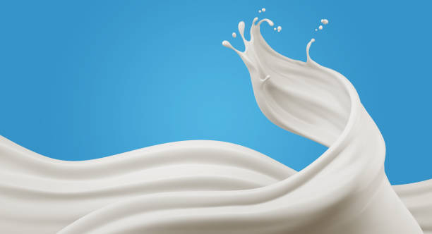 파란색 배경에 고립 된 우유 튀김, 클리핑 경로, 3d 렌더링. - milk cream 뉴스 사진 이미지