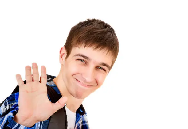 Happy Young Man waving his Hand Isolated on the White Background