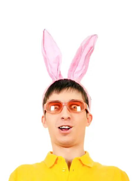 Funny Young Man in the Rabbit Ears Isolated on the White Background