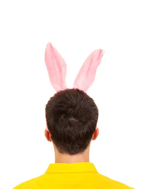 Man with a Rabbit Ears Isolated on the White Background Rear View
