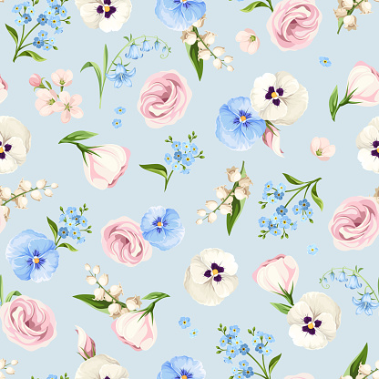 Seamless floral pattern with pink, white, and blue lisianthus flowers, pansy flowers, lily of the valley, and forget-me-not flowers on a blue background. Vector illustration