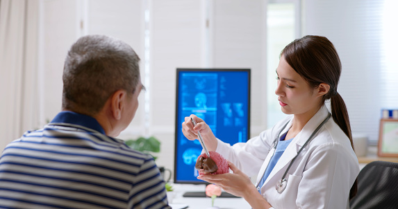 attractive young brunette ponytail female asian doctor wear white coat and stethoscope pen pointing explaining brain model to gray hair old sick man at clinic - an xray film display on computer