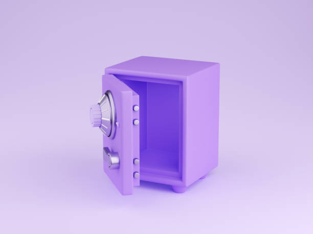 safe box 3d-render - illustration eines offenen cartoon-lila tresors mit zahlenschloss. - coin bank cash box safety deposit box lock stock-fotos und bilder