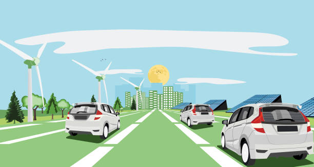 Zero emission Simulate a city with zero pollution. Picture of an electric car heading into the city. with solar panels and windmills beside the road zero emission vehicle stock illustrations