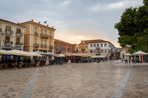 Nafplio, Greece - May 1 2022: Syntagma square ealry in the morning