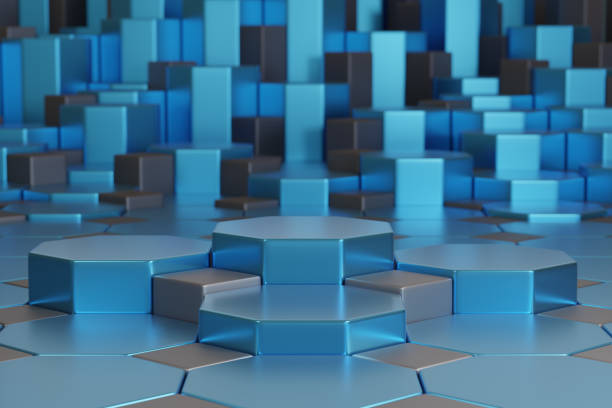 istock Octagon podium for product display on blue background. 3d illustration. 1406513148
