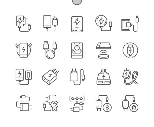 Mobile phone charger. Power adapter. Wireless charger. Buy, price and product reviews. Pixel Perfect Vector Thin Line Icons. Simple Minimal Pictogram Mobile phone charger. Power adapter. Wireless charger. Buy, price and product reviews. Pixel Perfect Vector Thin Line Icons. Simple Minimal Pictogram plug adapter stock illustrations