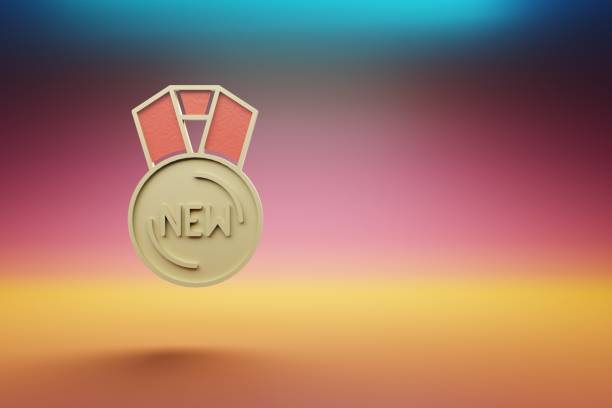 istock Beautiful golden NEW medal symbol on multicolor bright background. 3d rendering illustration. Background pattern for design. 1406514370