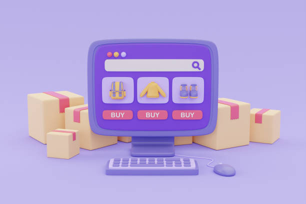 istock Online shopping store and delivery on computer with parcel boxes on purple background, digital marketing promotion, 3d rendering. 1406515268