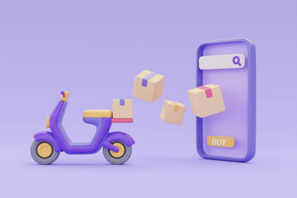 istock Online delivery service on smartphone, Delivery scooter with parcel boxes on purple background, 3d rendering. 1406517437