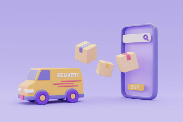 istock Online delivery service on smartphone, delivery van with parcel boxes on purple background, 3d rendering. 1406517523