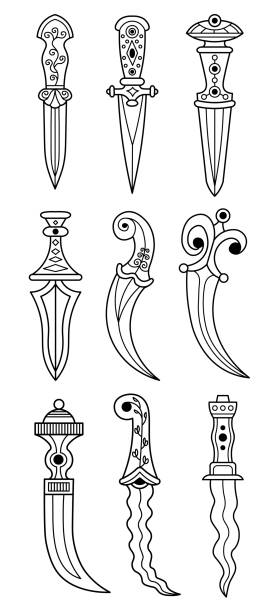 ilustraciones, imágenes clip art, dibujos animados e iconos de stock de conjunto vectorial de nueve dibujos de contorno de dagas de fantasía ornamentadas con incrustaciones y decoraciones. cuchillos medievales. - ornamented accessory