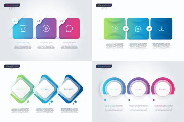 Vector illustration of Vector gradient minimalistic infographic templates composed of 3 shapes