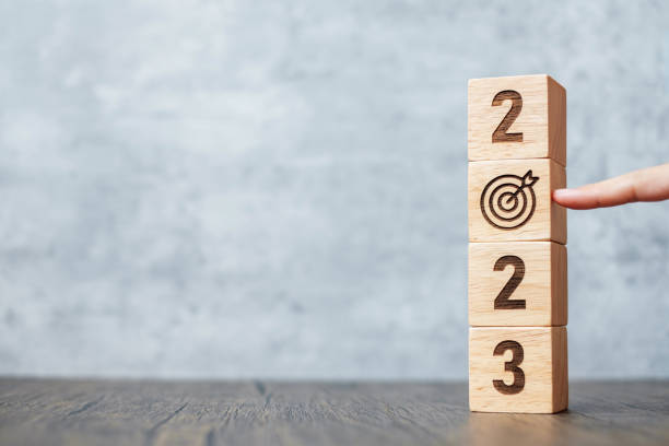 2023 block with dartboard sign. Business Goal, Target, Resolution, strategy, plan, Action motivation, mission, thinking, and New Year start concepts