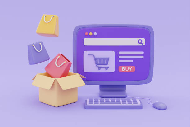 istock Online shopping store and delivery on computer with parcel boxes on purple background, digital marketing promotion, 3d rendering. 1406518308