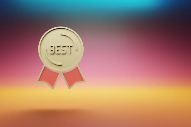 istock Beautiful golden Best Badge symbol on multicolor bright background. 3d rendering illustration. Background pattern for design. 1406518339