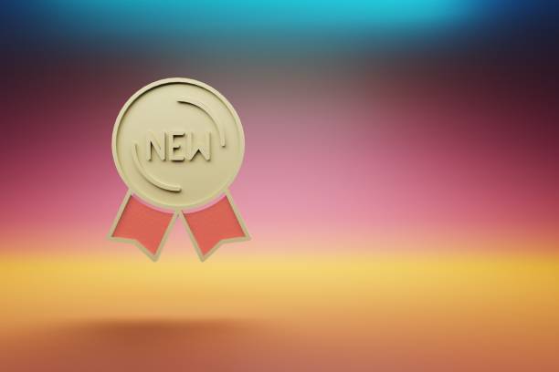 istock Beautiful golden NEW Badge symbol on multicolor bright background. 3d rendering illustration. Background pattern for design. 1406518413