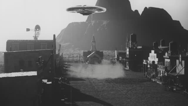 UFO flying over old wild west cowboy town