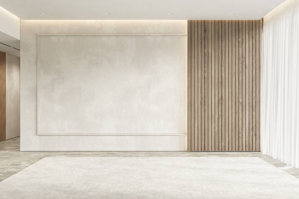 contemporary beige white bright empty interior with wall panel and moldings. 3d render illustration mockup. - wall plaster indoors blank imagens e fotografias de stock