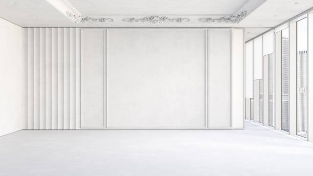 istock Contemporary white empty interior with stucco and blank wall with moldings. 3d render illustration mockup. 1406519963