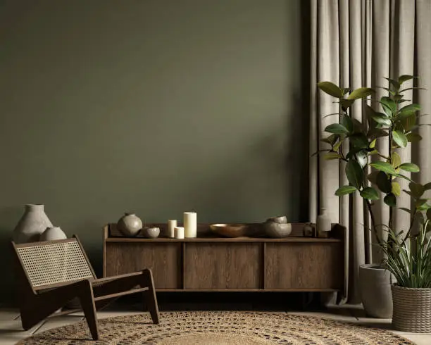 Photo of Green interior with dresser, lounge chair, plants and decor. 3d render illustration mockup.