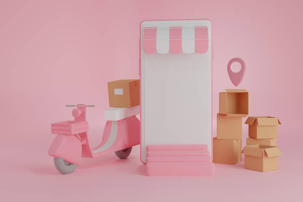 istock Delivery E-commerce shopping online concept,parcel box,cardboard box service order tracking on smartphone,transportation by scooter,retail store on website,digital marketing,3d rendering 1406520694