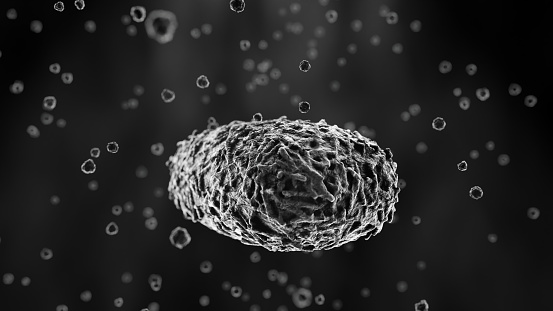 Viral Infection Monkeypox Virus - 3d rendered image. Abstract biomedical illustration. \nAntibody, Antigen, Vaccine technology concept.