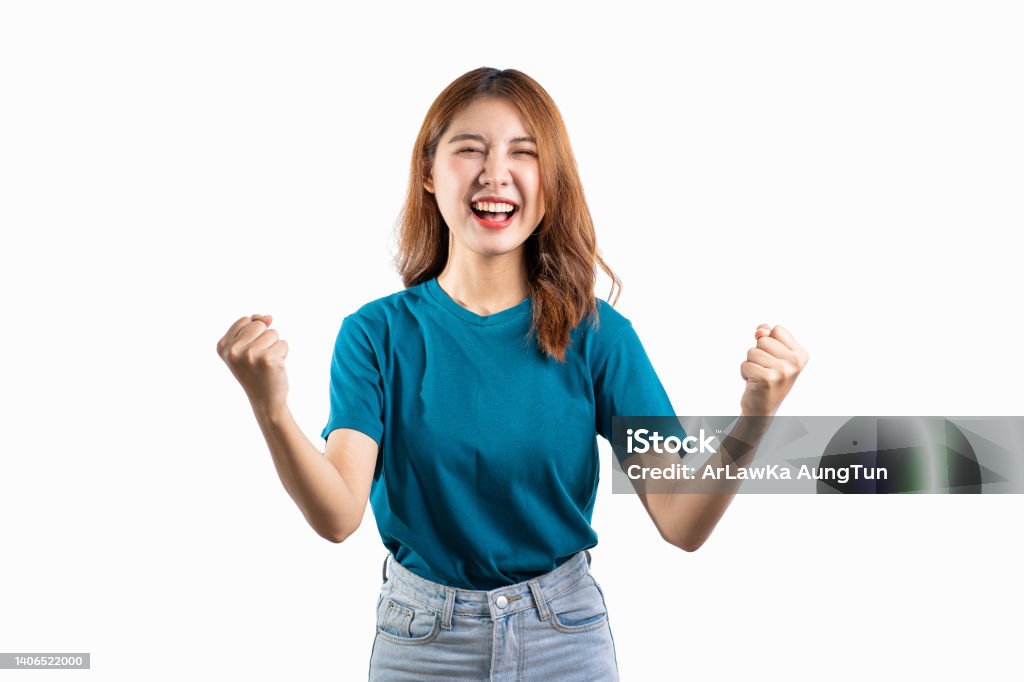 Portrait of an Asian woman smiling and extending her hand to present something with hands gesturing, isolated copy space on white background. Beauty Treatment Stock Photo