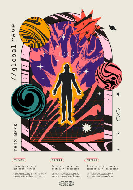 абстрактный красочный шаблон дизайна рейв-музыки с человеческим силуэтом, окруженным абстрактными геометрическими фигурами. векторная ил - psychedelic stock illustrations