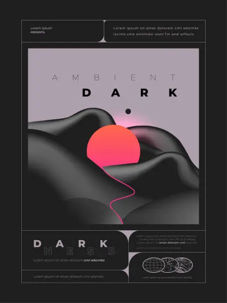 Vector illustration of Dark ambient techno rave music flyer or poster design template with abstract black liquid shapes and sunset. Vector illustration