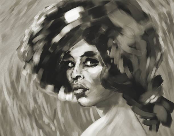 ilustrações de stock, clip art, desenhos animados e ícones de monochrome portrait of a dark-skinned woman with a gorgeous hairstyle - blues eyes