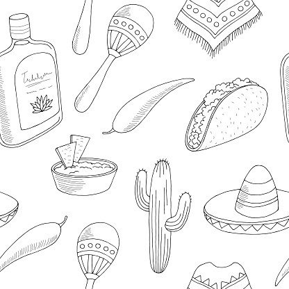 Mexico Seamless Pattern Background Graphic Black White Sketch ...