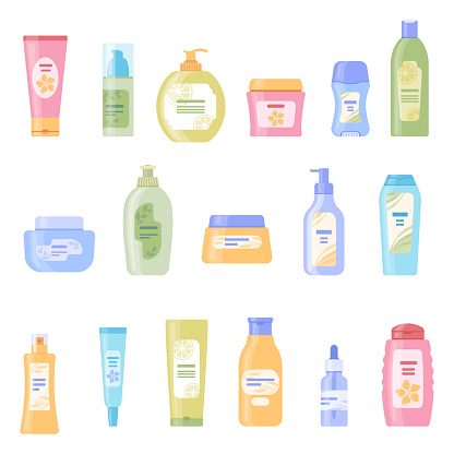 Set of vector cosmetic bottles and vials: shampoo, conditioner, cream, mask, deodorant, serum, balm, soap, antiperspirant. Various types of cosmetic packaging. Collection of flat vector illustrations.
