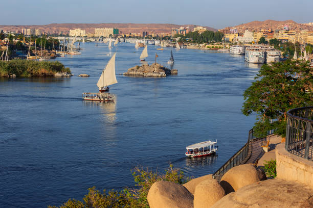 felucca boats on Nile river in Aswan Beautiful landscape with felucca boats on Nile river in Aswan at sunset, Egypt felucca boat stock pictures, royalty-free photos & images
