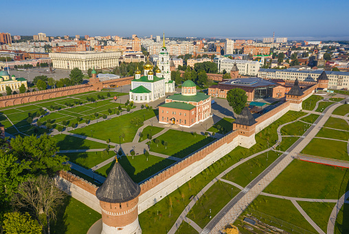 Aerial view of Tula Kremlin and Epiphany Cathedral, city downtown