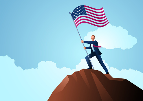 Businessman on top of the mountain holding the flag of USA, vector illustration