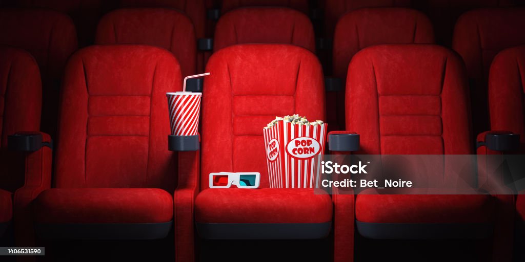 Red cinema seats and cola, popcorn and glasses in empty theater. Cinema movie theater concept background. Red cinema seats and cola, popcorn and glasses in empty theater. Cinema movie theater concept background. 3d illustration Movie Theater Stock Photo