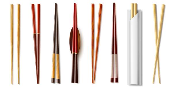 ilustrações de stock, clip art, desenhos animados e ícones de realistic chopsticks. asian food tableware. sushi and rolls bamboo sticks. japanese or chinese traditional utensil. disposable and wooden objects. oriental dinnerware. vector cutlery set - hashis