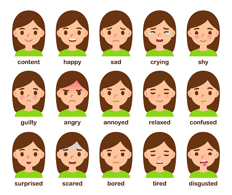 Cartoon girl face with different emotions. Facial expressions of feelings and mental states. Cute and simple vector illustration set.