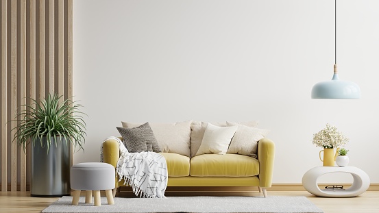 White minimalist interior living room have yellow sofa and decoration minimal.3d rendering