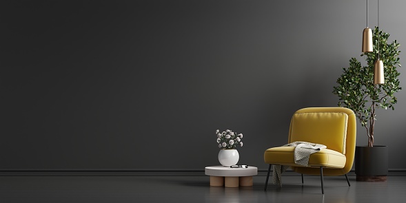 Living room interior in dark loft with yellow armchair on black wall background.3d rendering