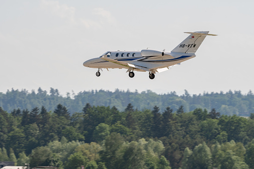 Zurich, Switzerland, May 20, 2022 Cessna 525 Citation Jet M2 on its final approach on runway 14