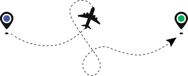 Plane track to point with dashed line way or air lines, airplane icon vector color editable