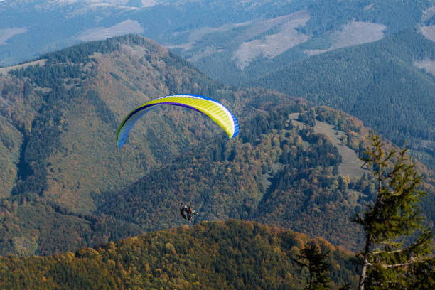 istock Paraglider flying in the blue sky with mountain in background. 1406541065