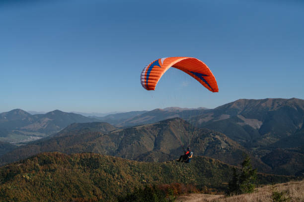 istock Paraglider flying in the blue sky with mountain in background. 1406541090