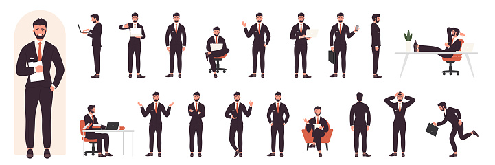 Busy businessman character in various poses set vector illustration. Cartoon entrepreneur in suit sitting at table, office worker talking on lecture, presentation of commercial plan isolated on white