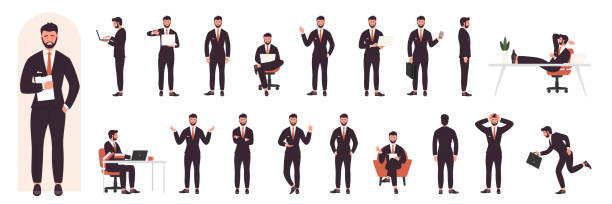 Busy businessman character in various poses set, entrepreneur in suit sitting at table Busy businessman character in various poses set vector illustration. Cartoon entrepreneur in suit sitting at table, office worker talking on lecture, presentation of commercial plan isolated on white man presentation stock illustrations