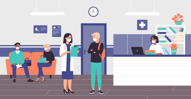 pacjenci w maskach medycznych czekają na wizytę u lekarza w holu wnętrza szpitala - hall stand illustrations stock illustrations