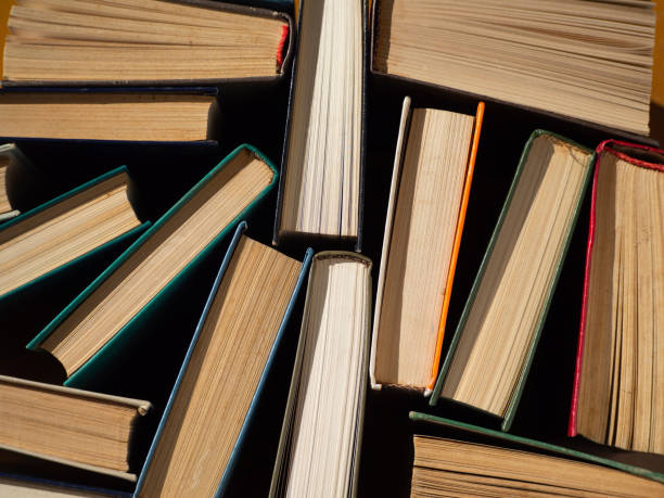 istock Abstract background of books standing vertically, top view of the book spines. A stack of hardcover books as a background, top view 1406542073
